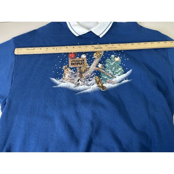 VTG Sz XL Collared Sweatshirt Grannycore Winter Forest Bird Chipmunk Cardinal - Picture 7 of 10